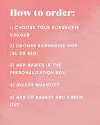 Instructions for ordering scrunchies on a pink gradient background